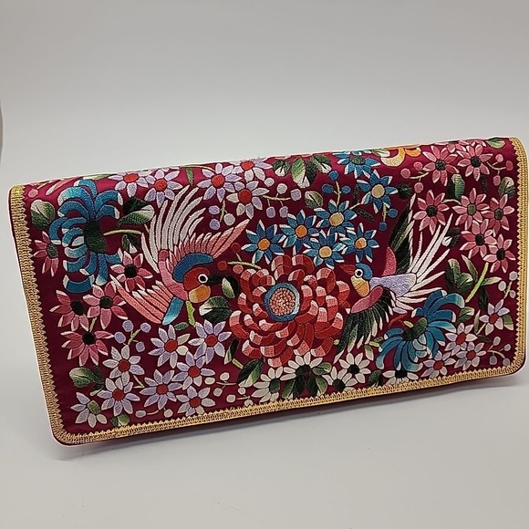 Vtg 60s Asian‎ Embroidery Purse Bag Clutch Red Silk Gold Birds Floral Colorful